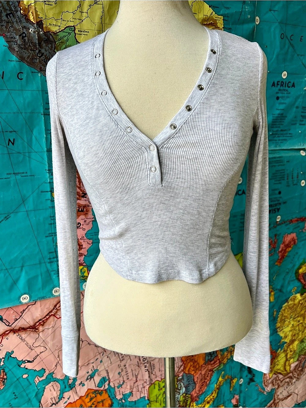 Garage Rib Henley Top Ribbed Long Sleeve Gray Medium